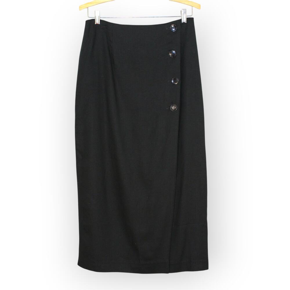 Vintage Harris/Wallace Wrap Skirt (8) Linen-Blend Black Midi Sheath